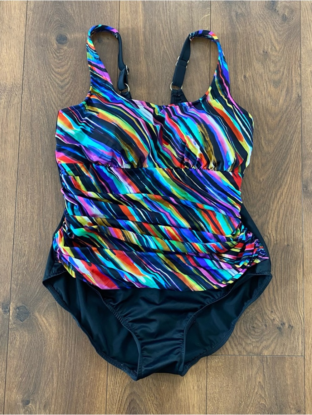 Trimshaper One Piece Swimsuit Rainbow Stripe Ruched Front Tummy Control 16W